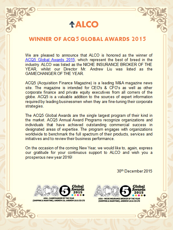 ALCO WINNER OF ACQ5 GLOBAL AWARDS 2015